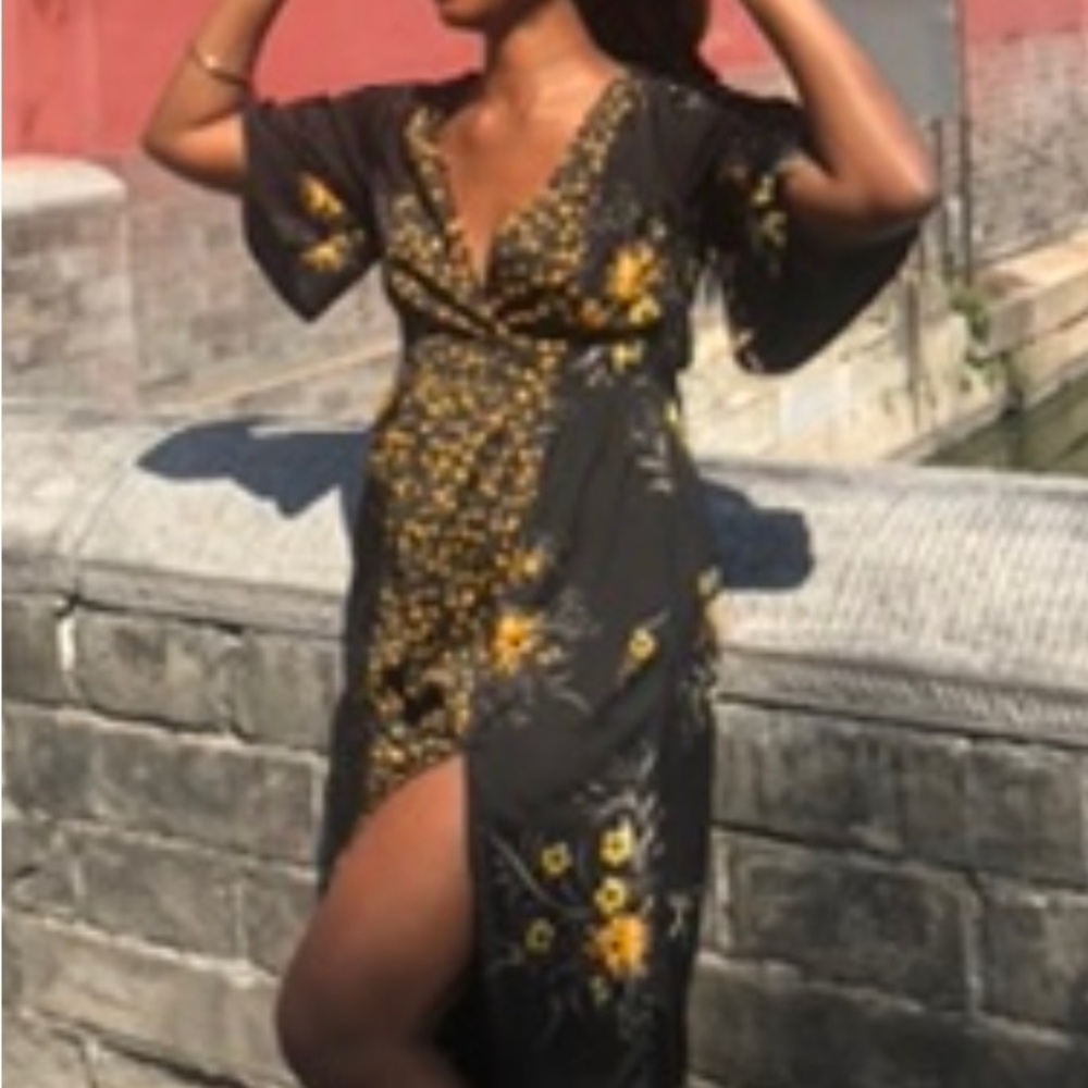 Floral Black and Yellow Maxi Dress double split
